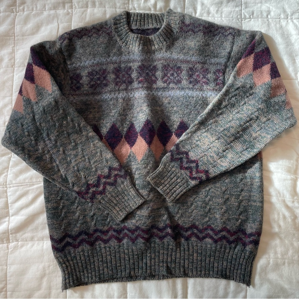 Vintage Grey Patterned Wool Sweater - S